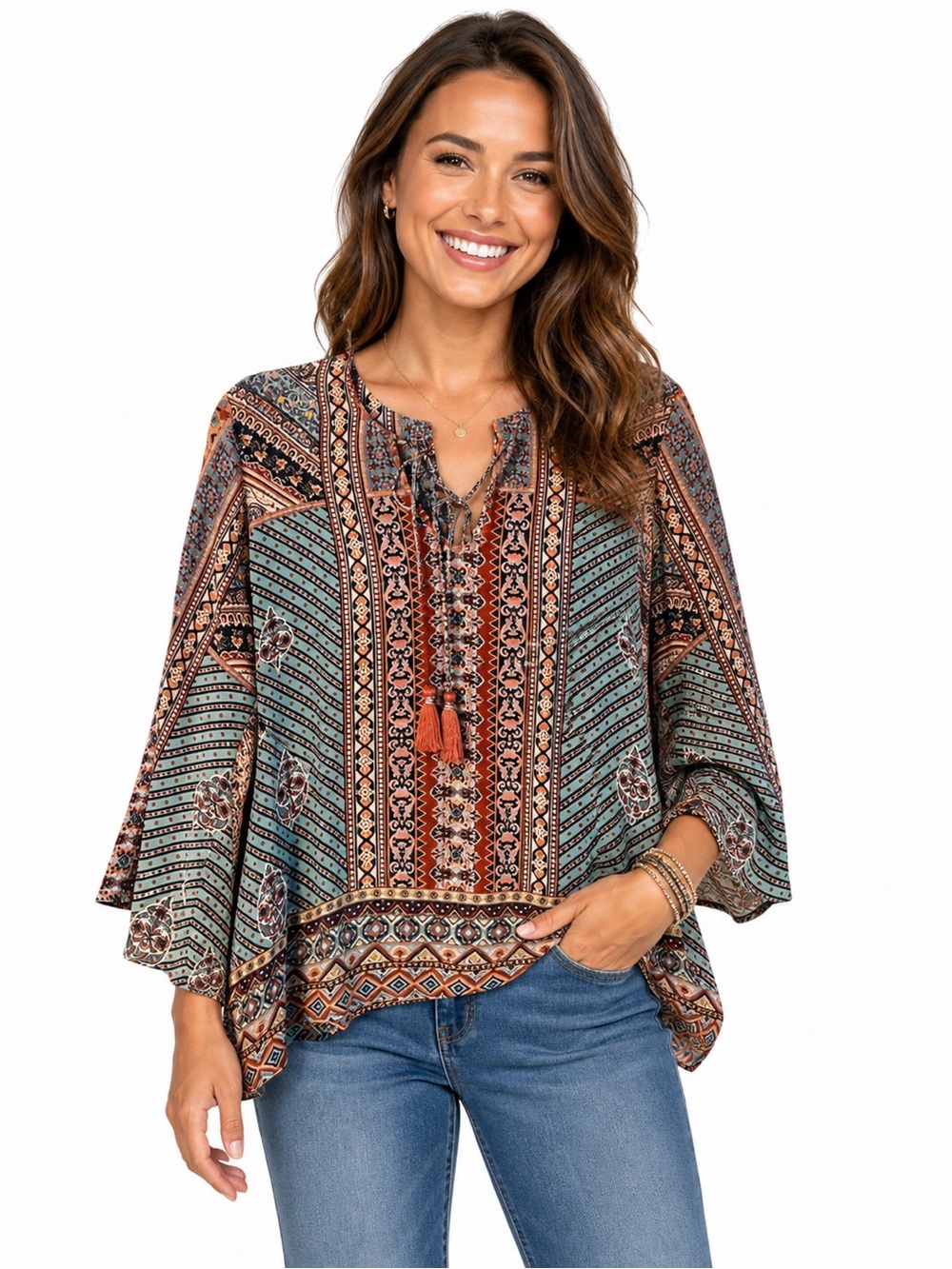 Tolani Silk Teal & Rust Printed Boho Tassel Tunic Size Large
